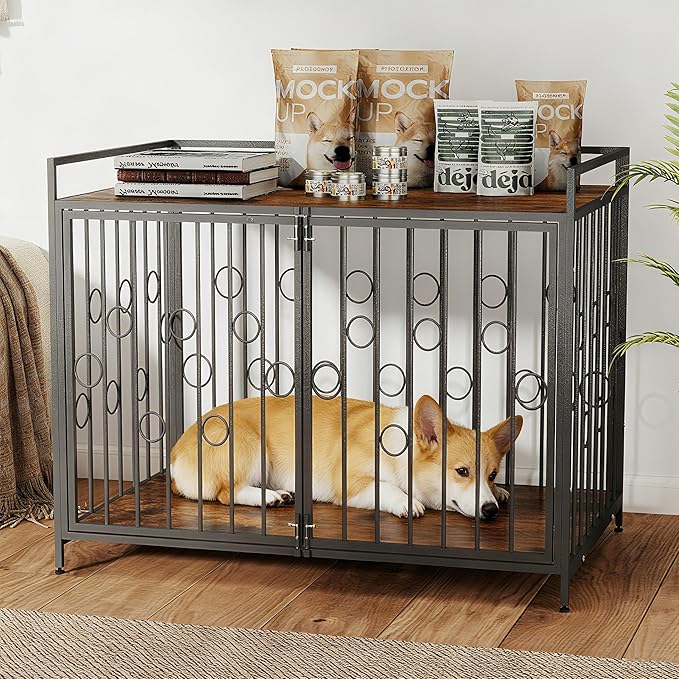 38 Inch Chew Proof Heavy Duty Dog Crate for Large Dogs, Furniture Kennel with Table Top, Waterproof Wooden Finish Indoor Metal Cage Furniture