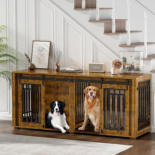 Large Dog Crate Furniture for 2 Dogs, Upgrade 71" Pro XXL Sliding Door Heavy Duty Dog Kennel Furniture with Divider, Steel Frame Indoor Double Dog Crate for Large Medium Small Dogs, Brown