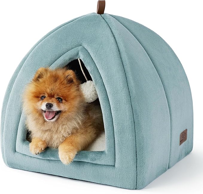 Bedsure Cat Beds for Indoor - 2 in 1 Cat Cave House Tent for Kittens and Small Pets with Removable Washable Cushioned Pillow, Foldable Kitten Hideaway with Non-Slip Bottom, Ocean Blue, 17.3 inches