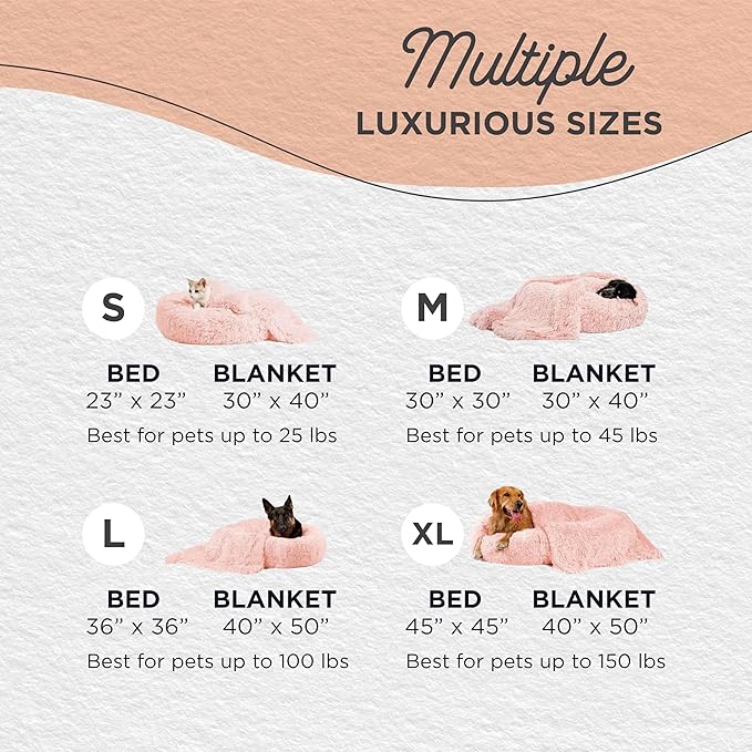 Best Friends by Sheri Bundle Set The Original Calming Shag Donut Cuddler Cat and Dog Bed + Pet Throw Blanket, Cotton Candy Pink, Large, 36x36