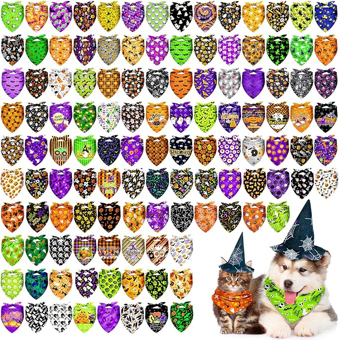 120Pcs Halloween Dog Bandanas Bulk Adjustable Dog Scarves Bibs Pumpkin Bat Ghost Puppy Bandanas Pet Neckerchief Washable Holiday Halloween Bandanas for Small Medium Large Dog Pet Grooming Accessories