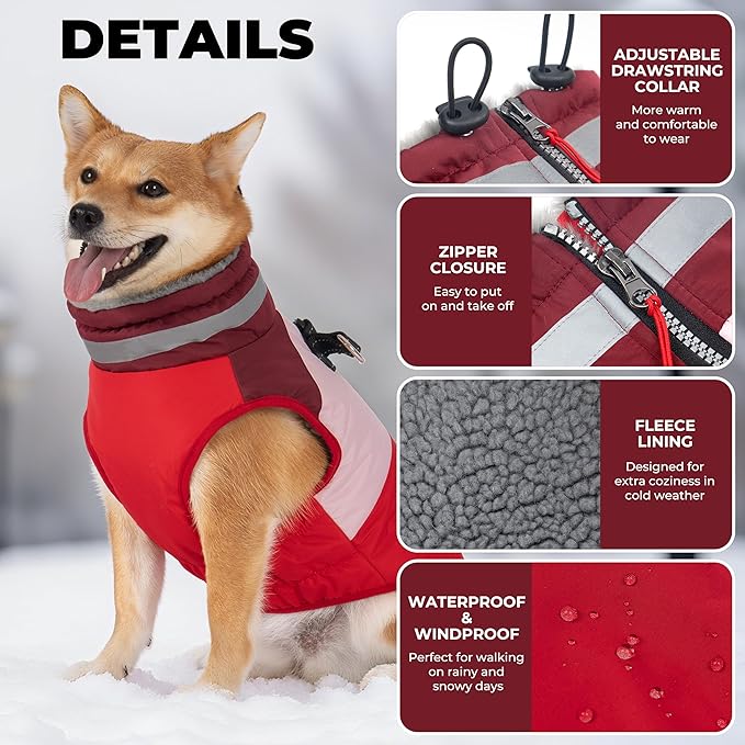 Dog Coats for Small Dogs, Waterproof Warm Dog Winter Jacket with Harness Built in, Reflective Puppy Cold Weather Coats Zip-up Pet Vest with Fleece Lined Dogs Snowsuit, Red Small