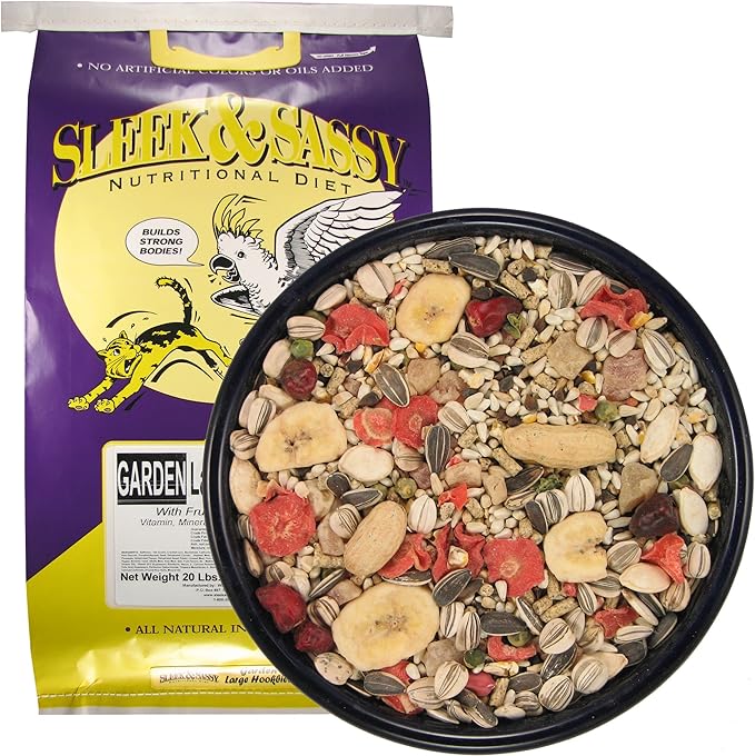 SLEEK & SASSY Garden Large Hookbill Parrot Food for Large Conures, Amazons, African Greys, Cockatoos, Pionus-Parrots & Small Macaws (20 lbs.)