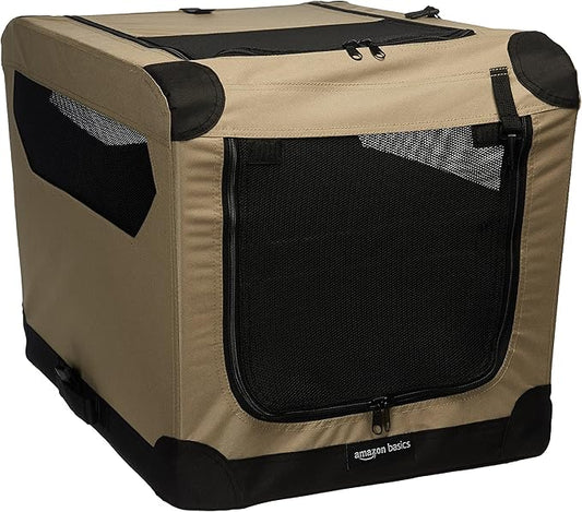 Amazon Basics 2 Door Foldable and Portable Travel Pet Kennel for Cat, Dog, Rabbit, 26 inch, Tan, S 26" x 18" x 18"