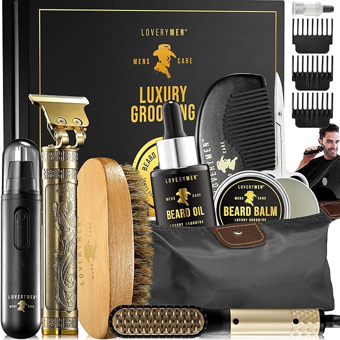 Christmas Gifts for Men, Dad, Him - Mens Grooming Beard Kit, Beard Trimmer, Nose Hair Trimmer, Hair Straightener Brush, Oil, Balm & More, 15pc Beard Kit for Men Care Mens Gift Birthday