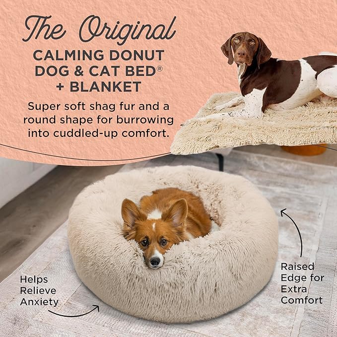 Best Friends by Sheri Bundle Set The Original Calming Shag Donut Cuddler Cat and Dog Bed + Pet Throw Blanket, Taupe, Medium 30x30