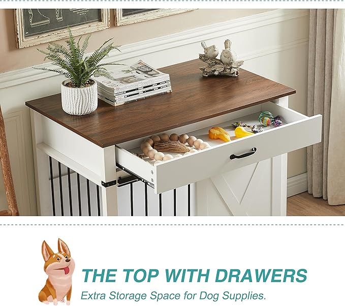 EDYO LIVING 38" Large Dog Crate Furniture with Sliding Barn Door, Wooden Dog Kennel with Drawer for Storage, Water Resistant Indoor Furniture Style Dog Crate for Small/Medium/Large Dog, White