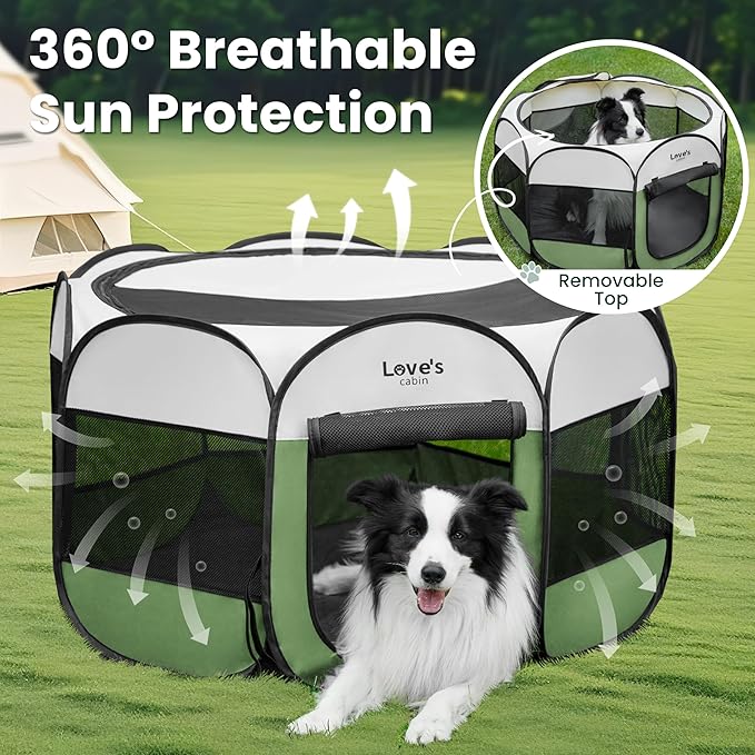 Love's cabin Pet Puppy Dog Playpen, Medium Dog Tent Crates Cage Indoor/Outdoor, Portable Playpen for Cat, Foldable Pop Up Dog Kennel Playpen with Carring Case, Removable Zipper Top, Olive Green