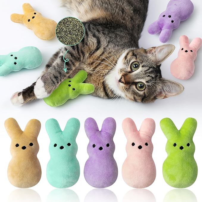MALLMALL6 5Pcs Easter Bunny Catnip Toys Gift for Cat, Indoor Cats Chew Bite Kick Colorful Rabbit Peeps Catmint Pet Supplies for Kitten Lover Gifts, Cute Interactive Kittens Toy for Pet Presents