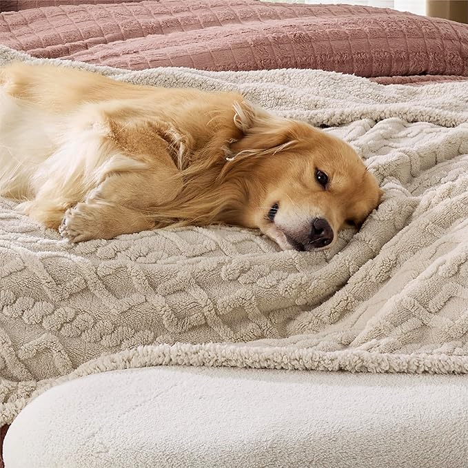 Bedsure Waterproof Dog Blankets for Bed - Pet Blanket for Bed Couch Protector Washable, Premium Jacquard Coral Fleece Cat Throw Blanket, Soft Plush Reversible Furniture Protection, King, 86x108, Cream
