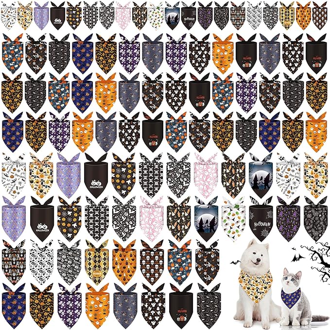 100 Pcs Halloween Dog Bandanas Bulk 3 Sizes Dog Washable Bandana Adjustable Washable Pumpkin Scarf for Halloween Holiday Small Medium Large Pet Supplies