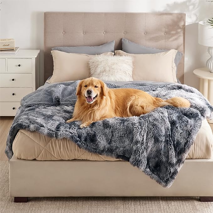 Bedsure Waterproof Dog Blankets for Large Dogs - Cat Blanket for Bed Couch Protector Washable Long Faux Fur, Calming Soft Reversible Throw Furniture Protection for Puppy Pet, 60"x80", Tie-dye Grey