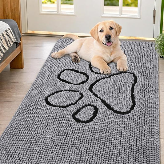 Smiry Dog Door Mat for Muddy Paws, Absorbent Dirt Trapper Non Slip Quick Dry Washable Chenille Mat for Mud Dogs, Entry Rug for Indoor and Outdoor (32x54 Inches, Grey)