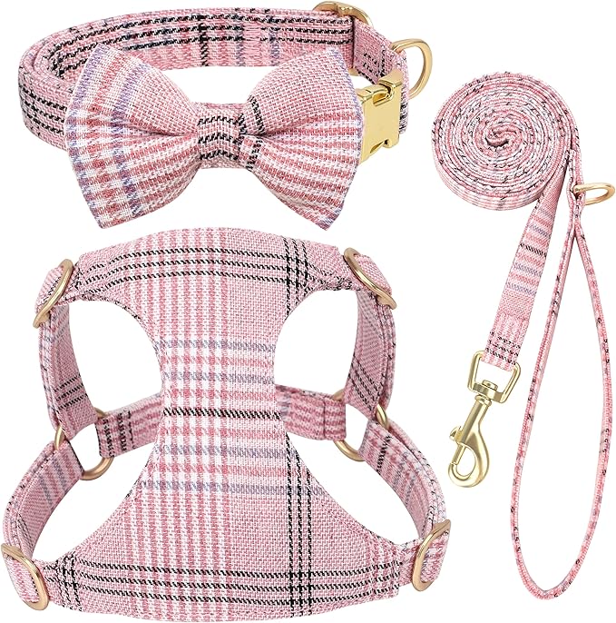Beirui Cute Small Dog Harness Collar and Leash Set with Bowtie, Soft Adjustable Plaid Puppy Harness for Small Sized Dogs Cats Walks Parties and Photoshoots(Pink,S:Chest 17-23")