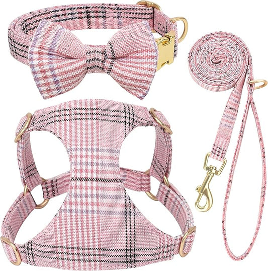 Beirui Cute Extra Small Dog Harness Collar and Leash Set with Bowtie, Soft Adjustable Plaid Puppy Harness for Small Sized Dogs Cats Walks Parties and Photoshoots(Pink,XS:Chest 13-18")
