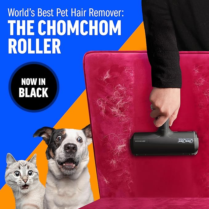 ChomChom Roller Pet Hair Remover and Reusable Lint Roller - Cat and Dog Hair Remover for Furniture, Couch, Carpet, Clothing and Bedding - Portable, Multi-Surface Fur Removal Tool (Black)