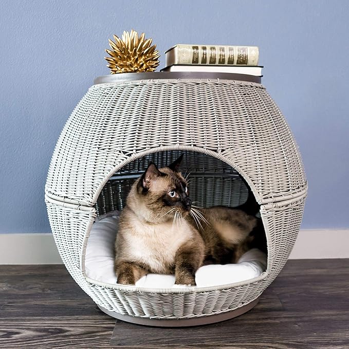 Igloo Indoor Dog Bed & Cat Bed in Smoke, Multipurpose Pet Bed with Table Top, Claw-Proof Faux Rattan is Easy to Clean, Includes Washable & Replaceable Covered Cushion