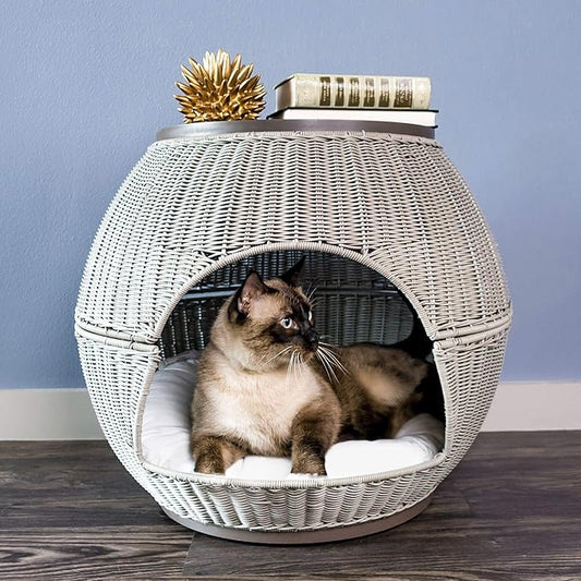 Igloo Indoor Dog Bed & Cat Bed in Smoke, Multipurpose Pet Bed with Table Top, Claw-Proof Faux Rattan is Easy to Clean, Includes Washable & Replaceable Covered Cushion