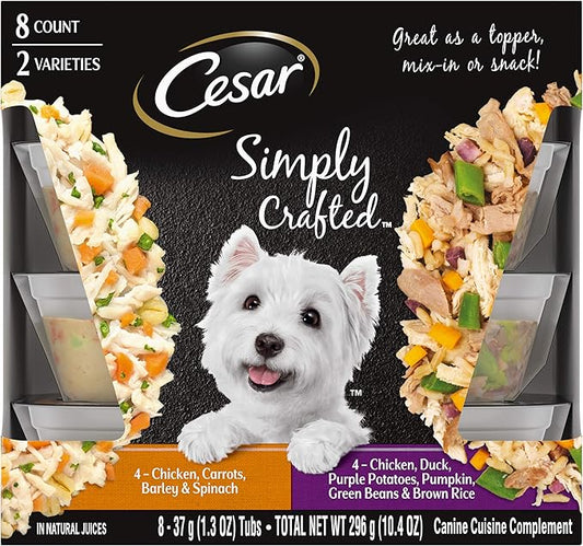 Cesar Simply Crafted Adult Wet Dog Food Meal Topper, Chicken, Duck, Purple Potatoes, Pumpkin, Green Beans & Brown Rice and Chicken, Carrots, Barley & Spinach Multipack, 1.3oz (8 Count, Pack of 1)