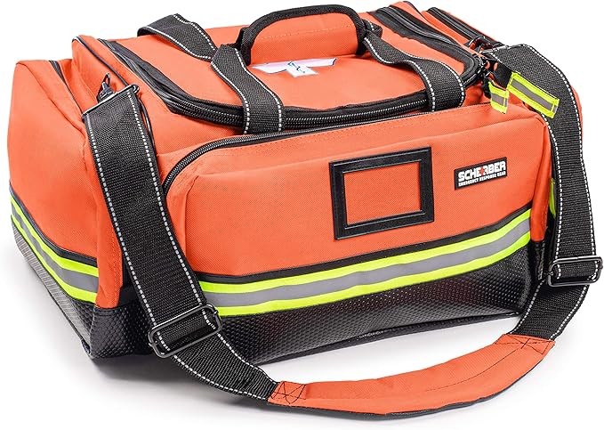 Scherber Fully-Stocked First Responder Professional Advanced EMT/EMS Trauma Kit | HSA/FSA Approved | Reflective Bag w/10+ Compartments, Zippered Pockets & 250+ First Aid Supplies (Orange)