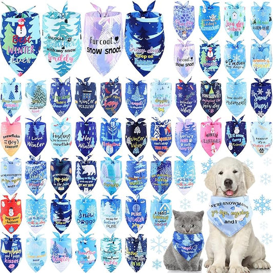 Abbylike 50 Pcs Dog Bandanas Bulk Pet Scarfs Triangle Bibs Adjustable Washable Puppy Kerchief Seasonal Pet Costume Accessories Grooming Supplies for Small Medium Large Dogs Cats(Winter)