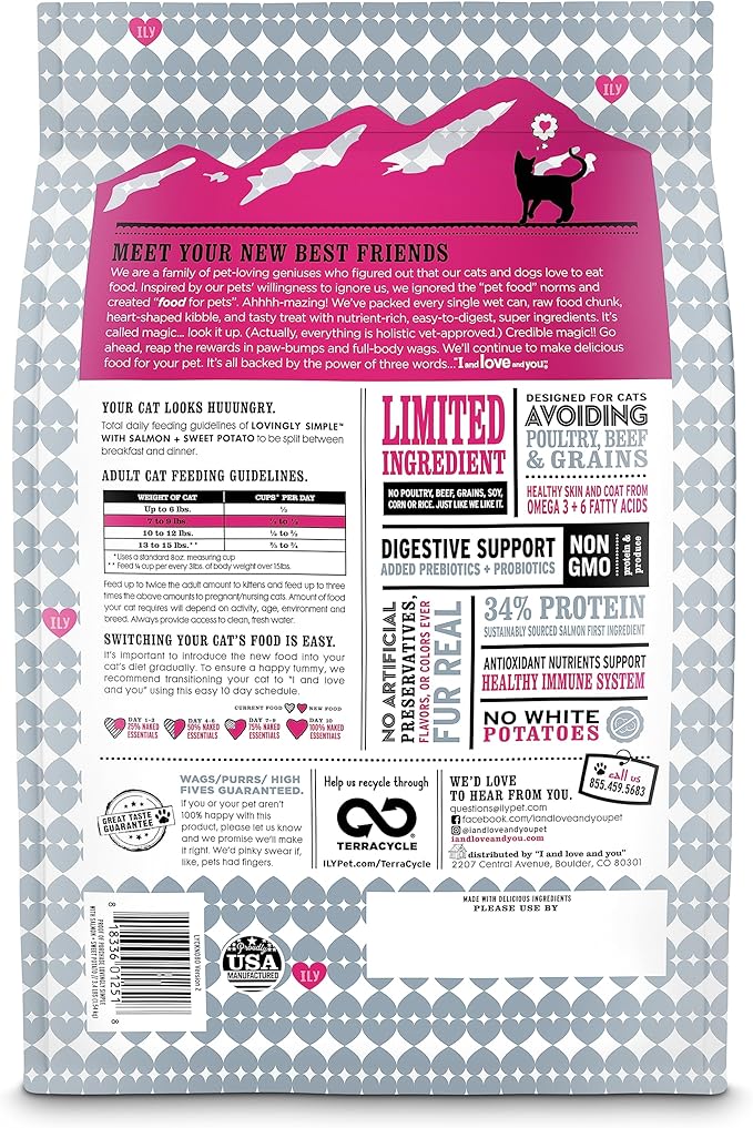 I and love and you Lovingly Simple Dry Cat Food - Salmon + Sweet Potato - Limited Ingredients, Allergy Friendly, No Fillers, Grain Free, 3.4lb Bag