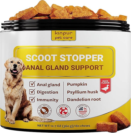Scoot Stopper Dog Soft Chews w/Fiber - Stool Hardener for Anal Gland Treatment, Digestion Support -180 Tasty Treats w/Natural Flaxseed, Pumpkin and Psyllium Husk for Dog Comfort
