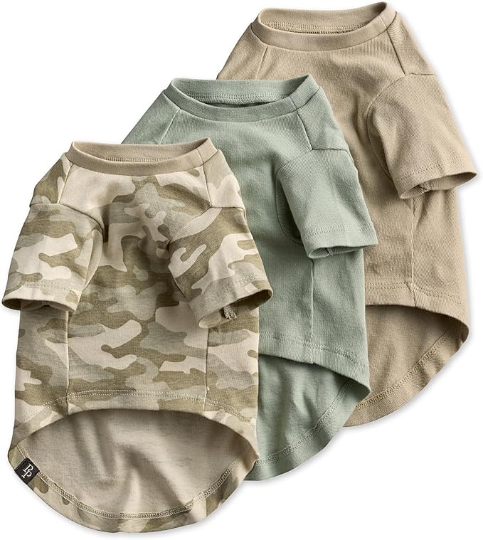 Toby II - The Perfect Tee, 3 Pack Short Sleeve Pet T-Shirt 100% Organic Cotton Tees Clothes for Small, Medium, Large Dogs, Sage Camo, Large