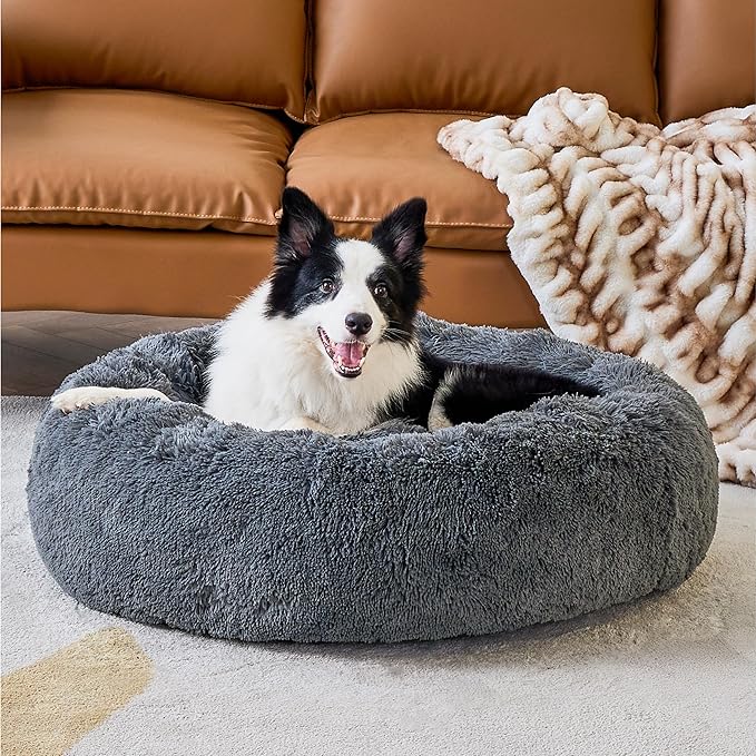 Bedsure Calming Dog Bed for Large Dogs - Donut Washable Large Pet Bed, 36 inches Anti-Slip Round Fluffy Plush Faux Fur Dog Bed, Fits up to 80 lbs Pets, Dark Grey