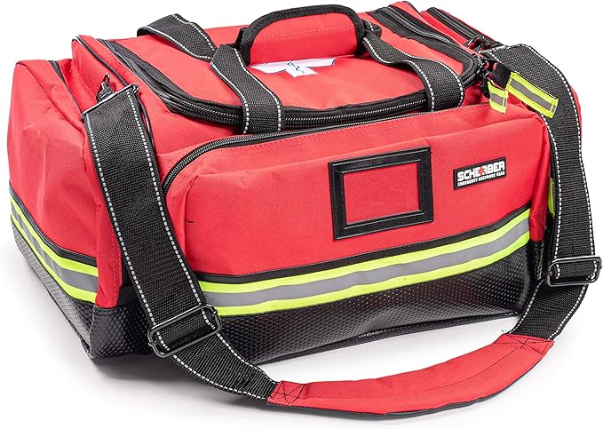 Scherber Fully-Stocked First Responder Professional Advanced EMT/EMS Trauma Kit | HSA/FSA Approved | Reflective Bag w/10+ Compartments, Zippered Pockets & 250+ First Aid Supplies (Red)