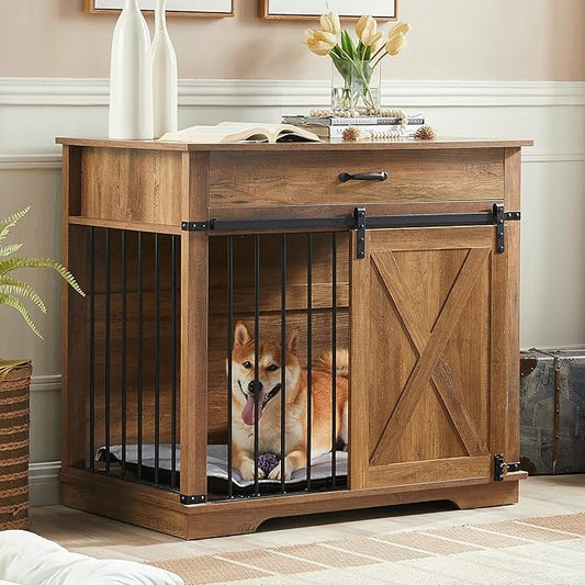 EDYO LIVING 38" Large Dog Crate Furniture with Sliding Barn Door, Wooden Dog Kennel with Drawer for Storage, Water Resistant Indoor Furniture Style Dog Crate for Small/Medium/Large Dog, Rustic Oak