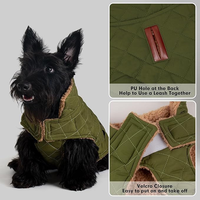 azuza Dog Jacket for Large Dogs Waterproof & Windproof Dog Coat for Small Dogs with Thick Fleece, High Collar with Leash Hole, Adjustable Velcro & Elastic Belly, Army Green 3XL