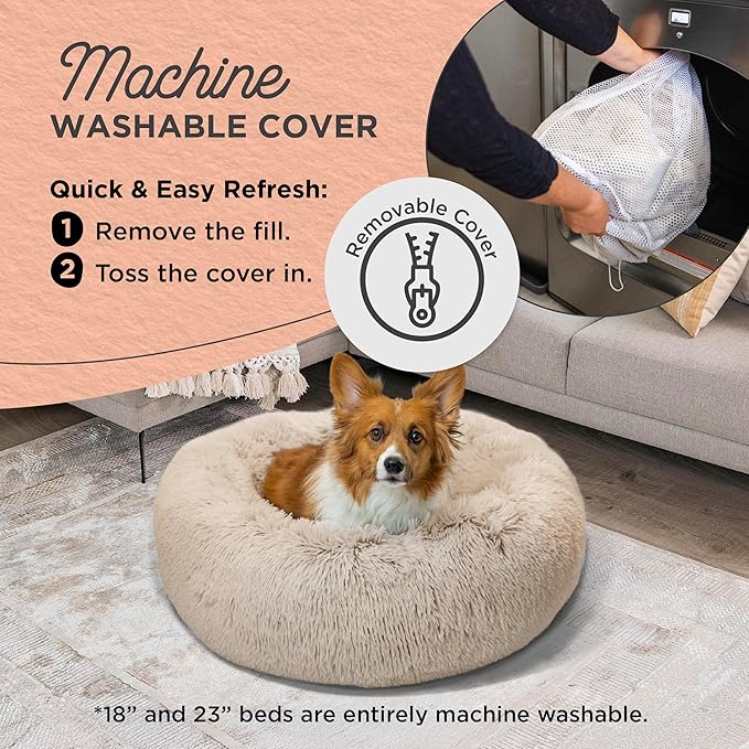 Best Friends by Sheri Bundle Set The Original Calming Shag Donut Cuddler Cat and Dog Bed + Pet Throw Blanket, Taupe, Medium 30x30