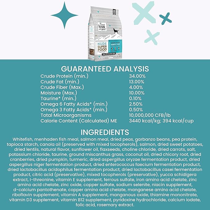 I and love and you Nude Super Food Dry Dog Food - Salmon + Whitefish - Prebiotic + Probiotic, Grain Free, Real Meat, No Fillers, 5lb Bag