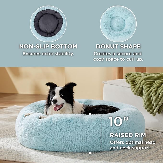 Bedsure Calming Dog Bed for Large Dogs - Donut Washable Large Pet Bed, 36 inches Anti-Slip Round Fluffy Plush Faux Fur Dog Bed, Fits up to 80 lbs Pets, Aqua Blue