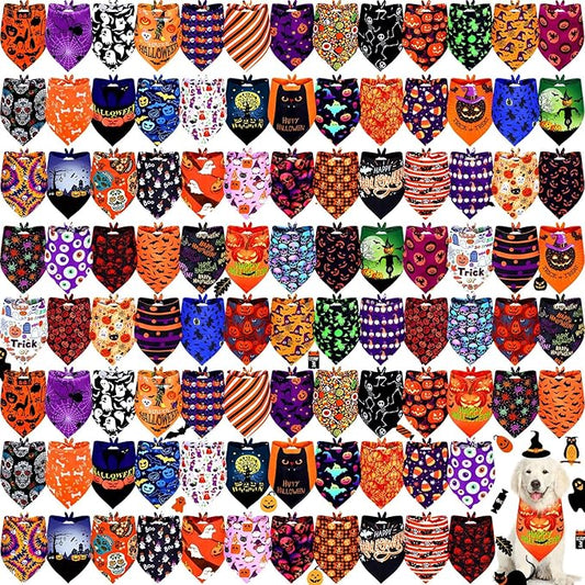 Newwiee 100 Pieces Halloween Dog Bandanas Bulk for Large Dogs Adjustable Triangle Bibs Scarf Halloween Skull Ghost Spider Pumpkin Bat Pet Costumes Scarf Holiday Accessories for Large Dog Puppy Cat