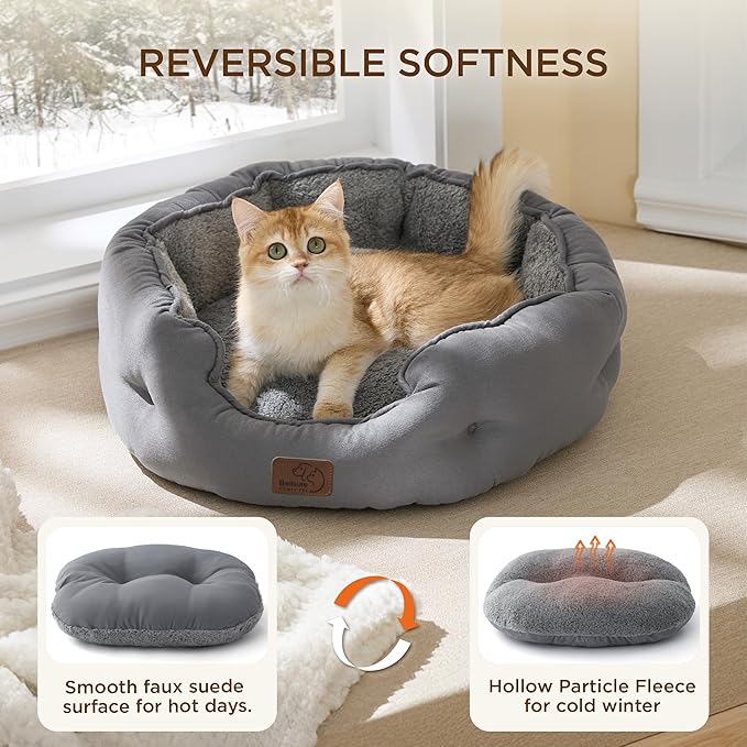 Bedsure Self Warming Cat Bed - Round Cat Beds for Indoor Cats, Washable Pet Bed for Puppy and Kitten with Slip-Resistant Bottom, 20 Inches, Self Warming Grey