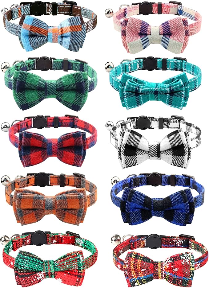 Joytale Upgraded Cat Collar with Bells, Breakaway Cat Collars with Bow Tie, 1 Pack Girl Boy Safety Plaid Kitten Collars, Blue