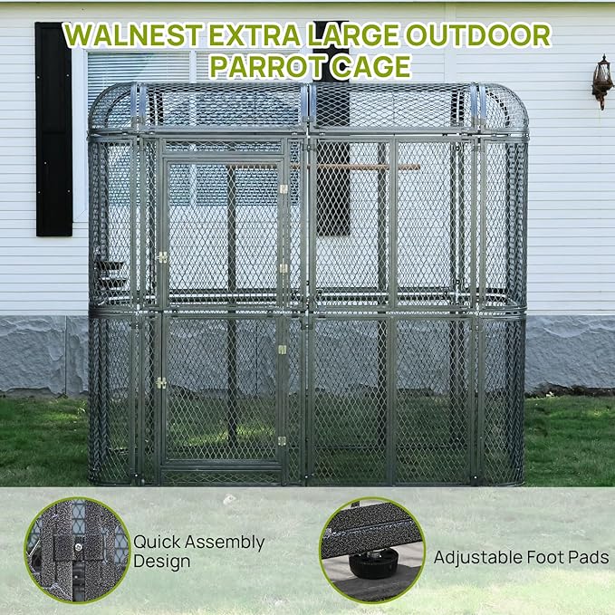Large Metal Walk-in Cage 77-inch Heavy Duty Bird Cage Outdoor Diamond Grid Aviary Parrot Cage Wide Flight Metal Birdcage for Macaw Budgie Conure Lovebird Parakeet Cockatiel, 6.4x3.87x5.91ft, Silver