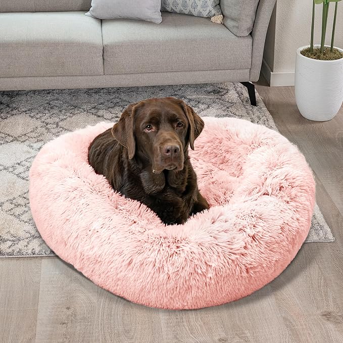 Best Friends by Sheri Bundle Set The Original Calming Shag Donut Cuddler Cat and Dog Bed + Pet Throw Blanket, Cotton Candy Pink, Large, 36x36