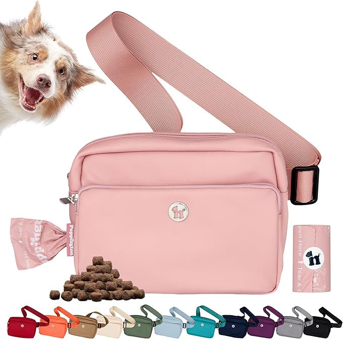 Puppington 3-in-1 Crossbody Dog Walking Bag & Treat Pouch with Matching Planet Safe Poop Bags & Built-In Dispenser - Zippered Pockets (Blush Pink)