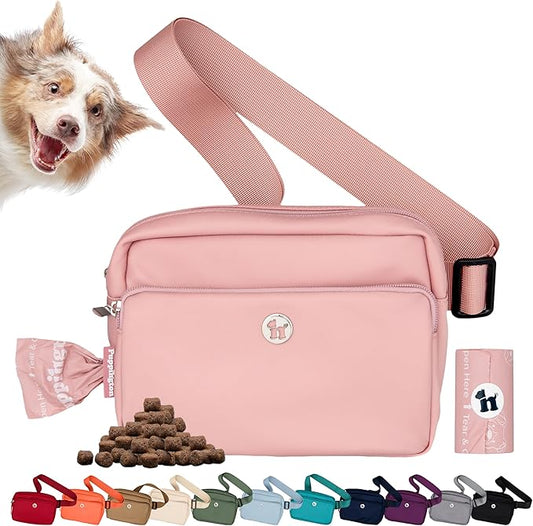 Puppington 3-in-1 Crossbody Dog Walking Bag & Treat Pouch with Matching Planet Safe Poop Bags & Built-In Dispenser - Zippered Pockets (Blush Pink)