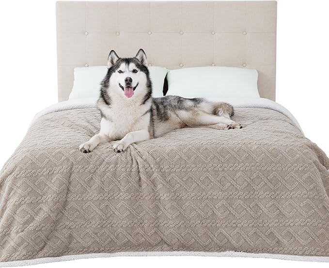 Bedsure Waterproof Dog Blankets for Bed - Pet Blanket for Bed Couch Protector Washable, Jacquard Coral Fleece Cat Throw Blanket, Soft Plush Reversible Furniture Protection, King, 86x108, Pale Oak