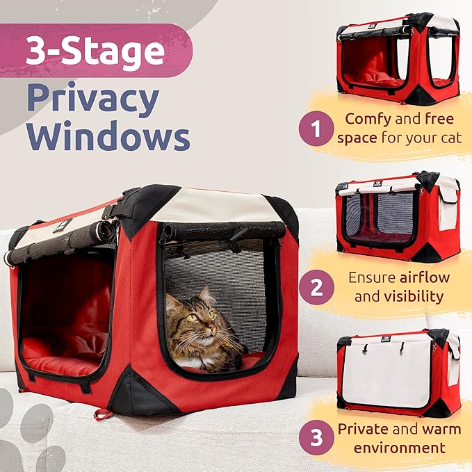 Large Cat Carrier on Wheels, Dog Carrier for 2 Cats or Medium Dog, Soft-Sided, Collapsible with Locking Zippers, Red