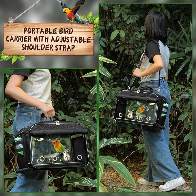 Suertree Bird Carrier Airline Approved, Bird Travel Cage with Indestructible Stainless Steel Mesh, Bird Travel Bag Lightweight and Portable with Water Bottle and Bowl