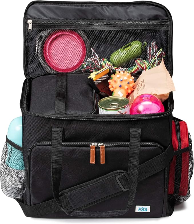 Unique Dog Travel Bag - Dog Traveling Luggage Set for Dogs Accessories - Include Pet First Aid Bag with Case Tags, Elevated Bowl Stand, 2X Food Storage Containers, 2X Dog Stainless Steel Bowls.