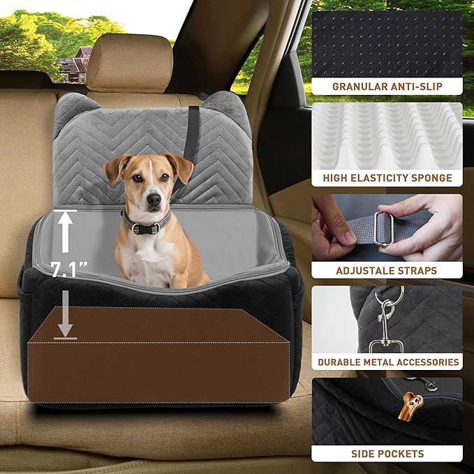 Dog Car Seat for Small Medium Dog Bed with Waterproof Cover Pet Car Booster Seat with Memory Foam for Travel, Grey, 2 Safety Belt