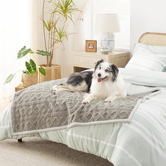 Bedsure Waterproof Dog Blankets for Large Dogs - Pet Blanket for Couch Protector Washable, Jacquard Coral Fleece Cat Throw Blanket, Soft Plush Reversible Furniture Protection, 50"x60", Pale Oak