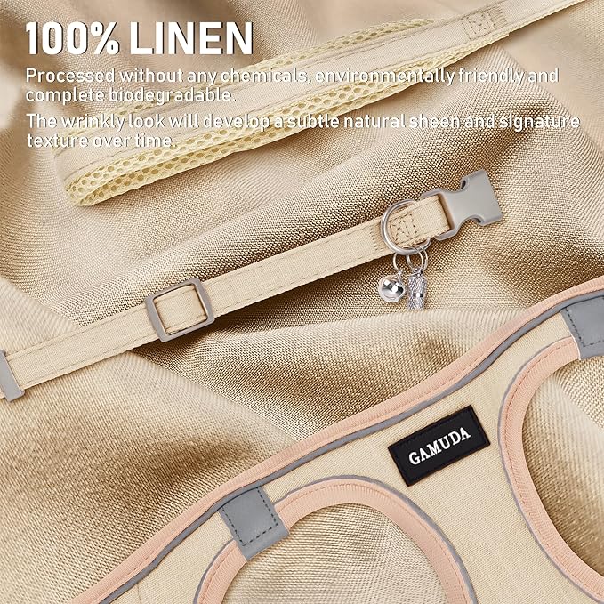 GAMUDA Small Pet Harness Collar and Leash Set, Step in No Chock No Pull Linen Fabric Soft Mesh Dog Vest Harnesses Reflective for Dogs Puppy Cats Kitten Rabbit (Khaki, L)