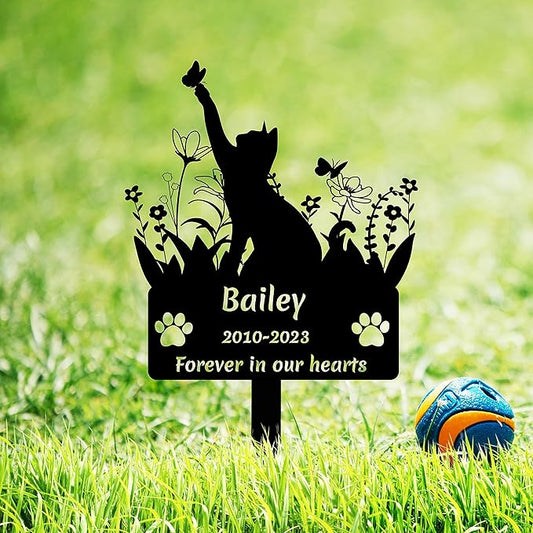 Personalized Cat Grave Marker for Cemetery, Custom Pet Cat Memorial Garden Stake Metal Grave Plaque Cat Memorial Gifts, Customized Flowers Butterfly Cat Memorial Stake Grave Marker with Paw